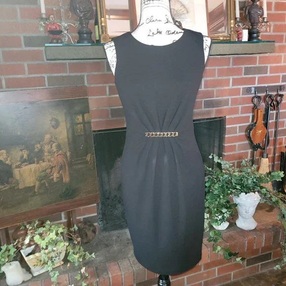 slim fit dress slacks Bell Sleeve Metallic Lace Sheath Dress in Black Gold